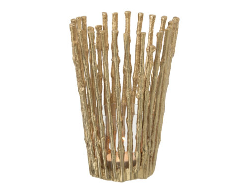 Kandelaar Traalvena goud aluminium met glazen accent en open staafdesign, 25 cm hoog