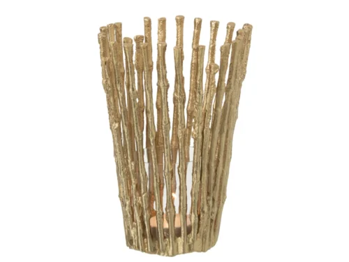 Kandelaar Traalvena goud aluminium met glazen accent en open staafdesign, 25 cm hoog