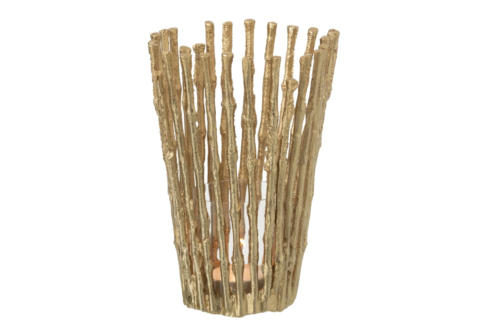 Kandelaar Traalvena goud aluminium met glazen accent en open staafdesign, 25 cm hoog