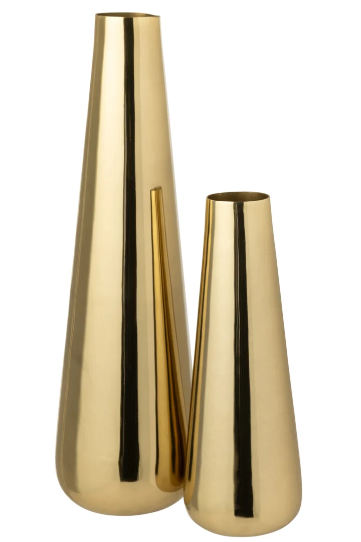 Gouden Beeldund vloervaas van aluminium met slanke hoge vorm en glanzende afwerking, H60 cm
