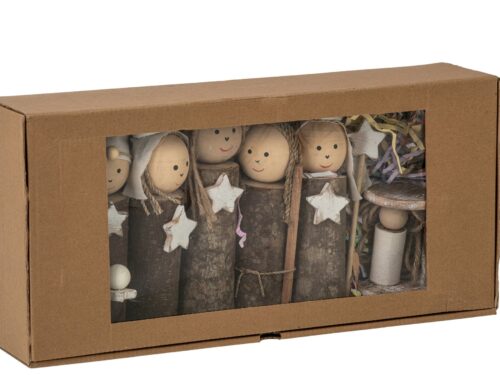 Kerststal Klolvis Albizia bruin in doos, langwerpig design, natuurlijke houtlook en warme kerstdecoratie