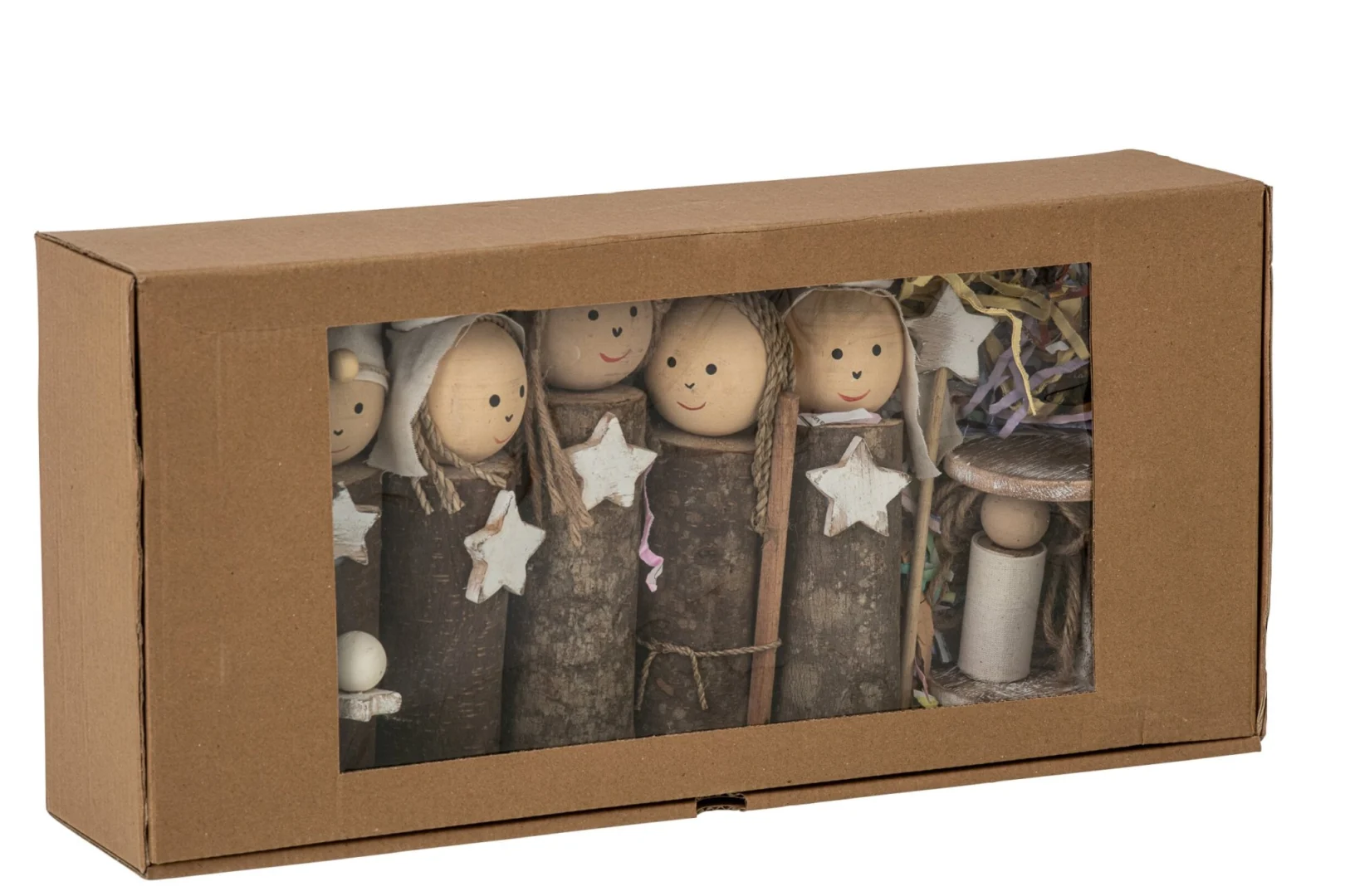 Kerststal Klolvis Albizia bruin in doos, langwerpig design, natuurlijke houtlook en warme kerstdecoratie