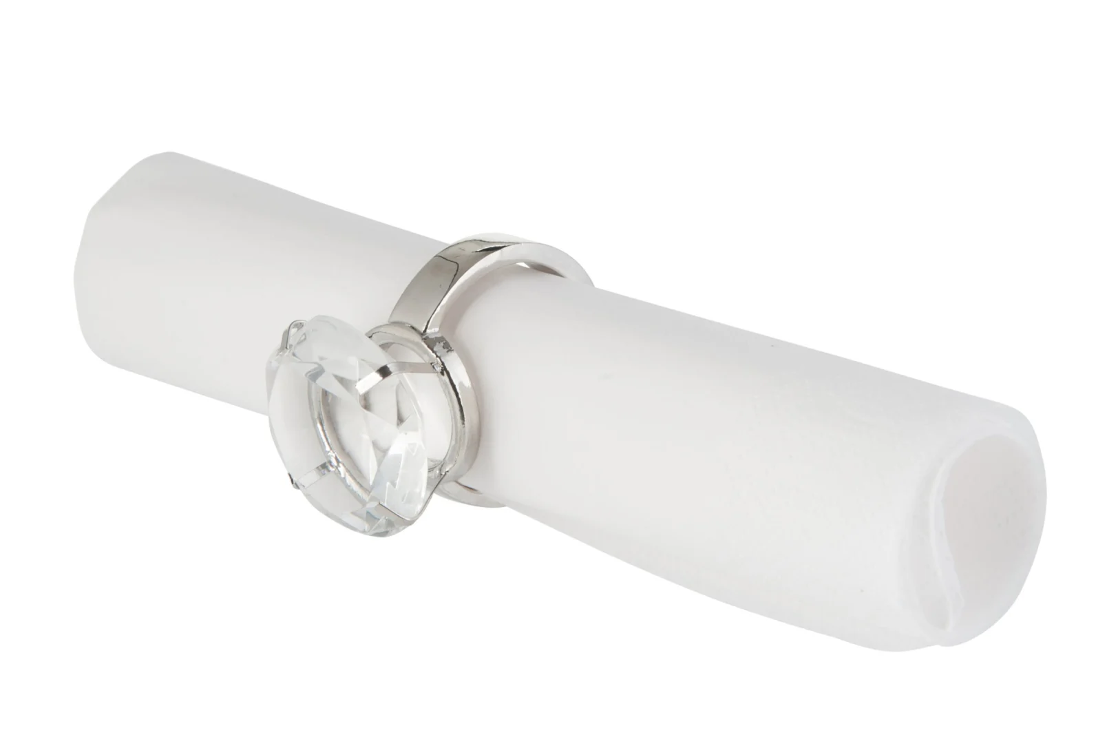 Brooldena transparante servetring van metaal en acrylaat met zilverkleurige accenten, opgerold servet