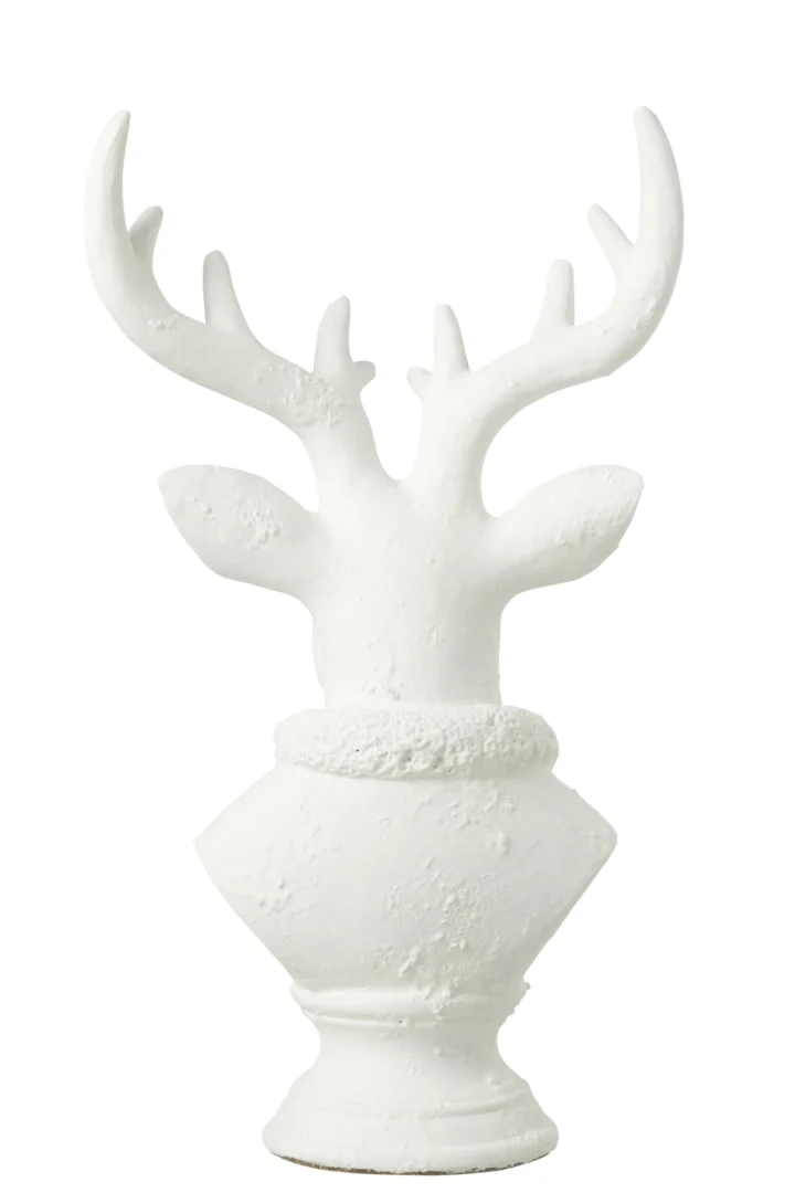 Temura witte hertenkop decoratiefiguur van polyresin, 49 cm hoog met stijlvolle antieklook