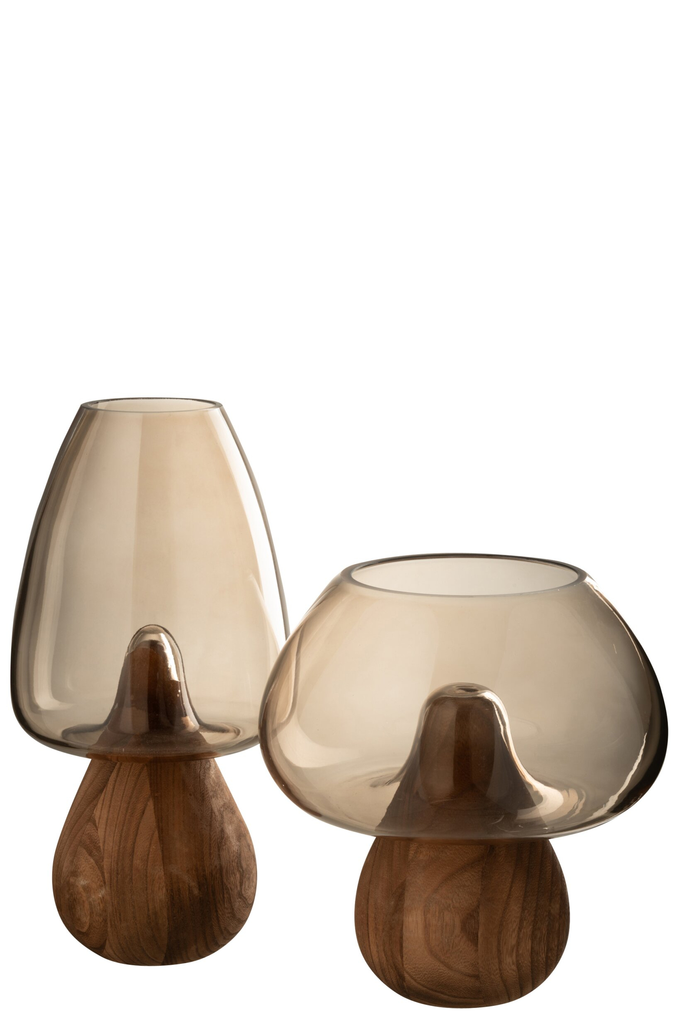 Decoratiefiguur Neerrond glas grijs met houten voet, mushroomvorm, 31 cm hoog