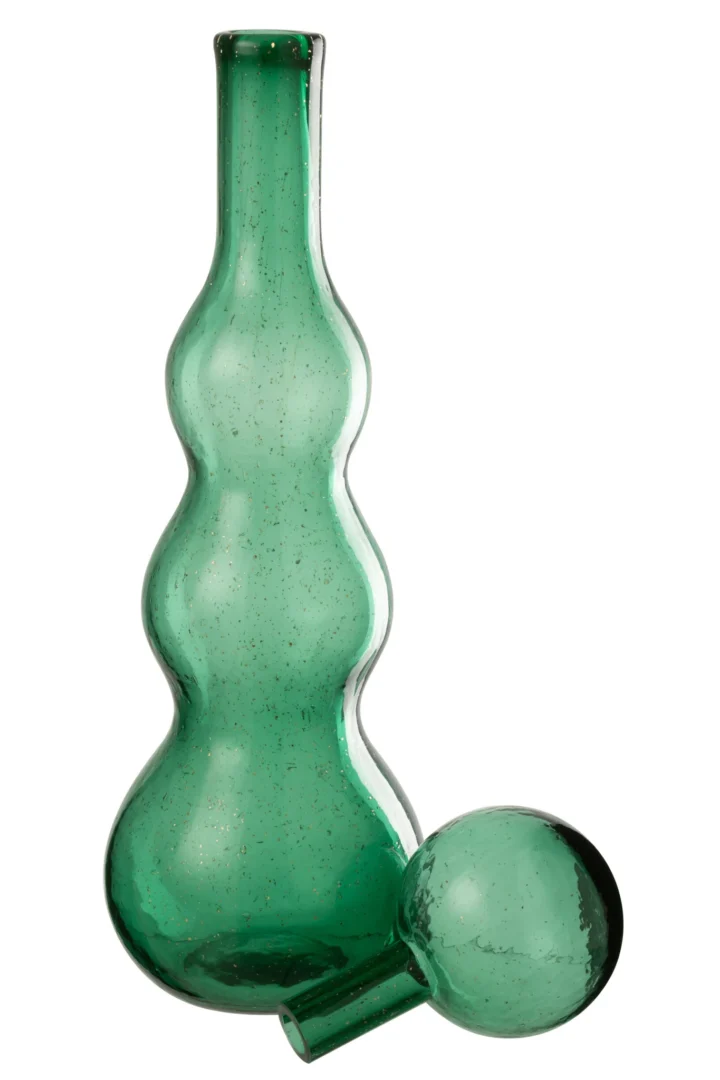 Groene glazen woonaccessoire Naurane met hoge vorm en stop, stijlvol en sfeervol decoratief object