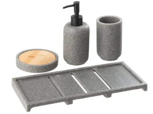 Dienblad Laren polyresin grijs met bamboe details, voor badkameraccessoires en zeeppompjes