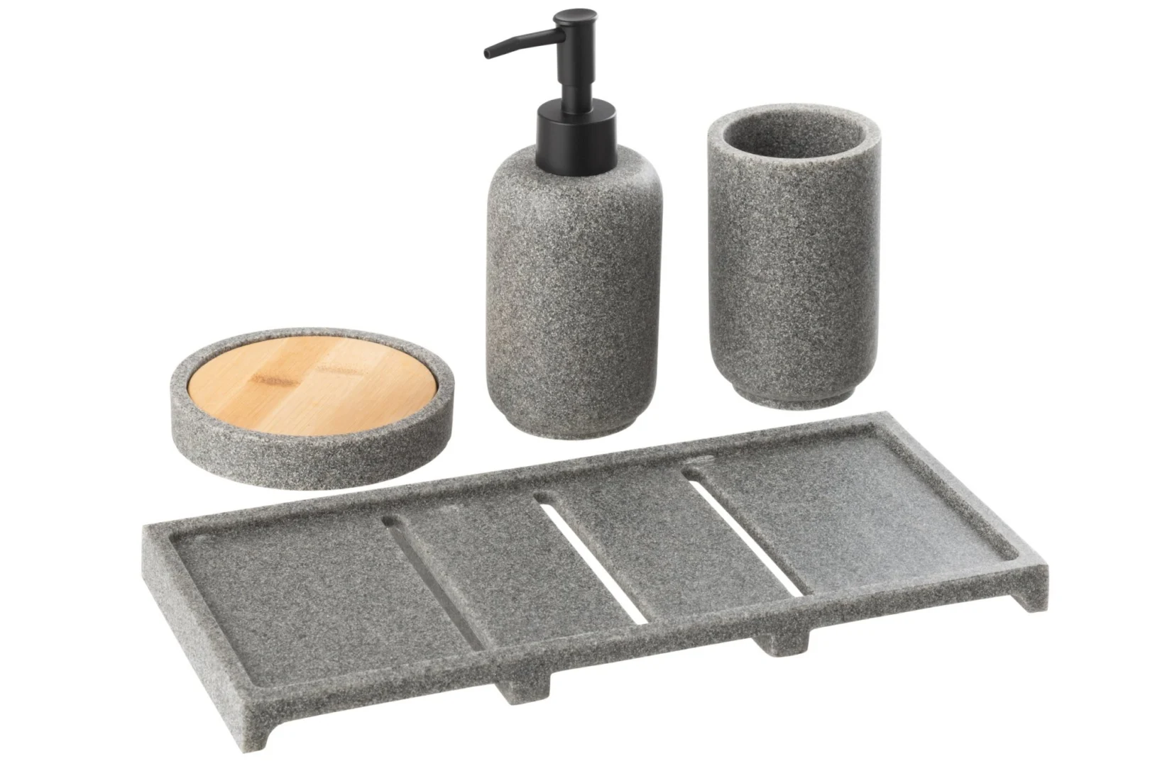 Dienblad Laren polyresin grijs met bamboe details, voor badkameraccessoires en zeeppompjes