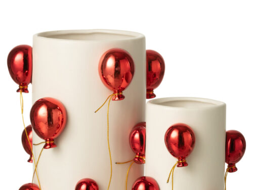 Ballonvaas Vindora wit keramiek met rode ballonversiering, speels en decoratief, H30 cm