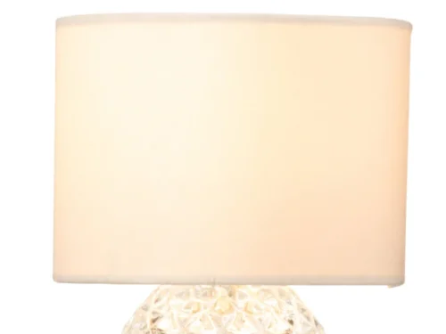 Tafellamp Bienni met transparante glazen voet en beige kap, compact en sfeervol, H23 cm