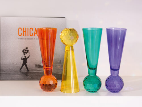 Foobine drinkglas set van 3 in geel, oranje, turquoise en paars met bolvormige voet