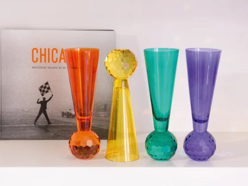 Foobine drinkglas set van 3 in geel, oranje, turquoise en paars met bolvormige voet