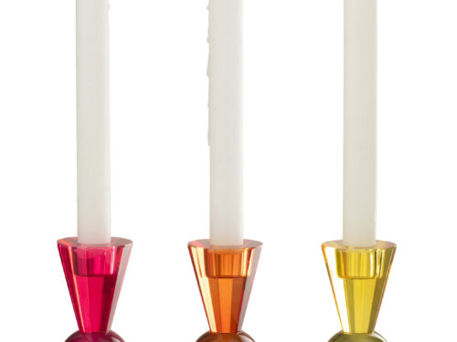 Paukesta glazen kandelaarenset van 3 in roze, oranje en geel met bolvormig design en brandende kaarsen