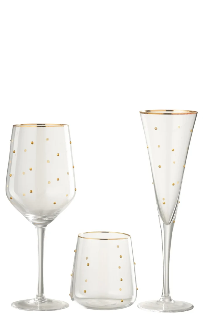 Transparante Treermis drinkglazen met goudkleurige stippen en elegante slanke vorm