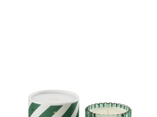 Geurkaars Grosine Wit in groene ribbelhouder en stevige cadeauverpakking met Elwood-geur