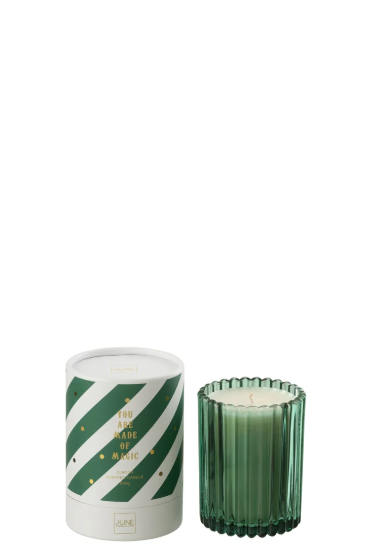 Geurkaars Grosine Wit in groene ribbelhouder en stevige cadeauverpakking met Elwood-geur