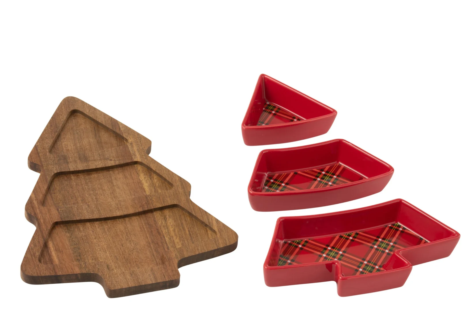 Plaid Jero Rood, rood keramische kerstborden op houten serveerplank in boomvorm