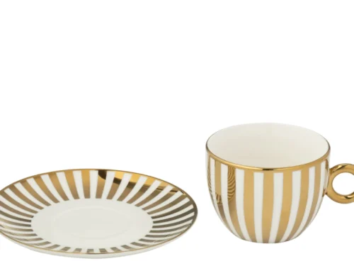 Brauldino porseleinen koffiekopje met schotel, wit-goud gestreept, set van 2