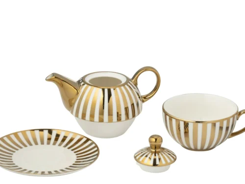 Theepot Klolvia porselein goud-wit gestreept met elegante glans, onderdeel van tafelaankleding set