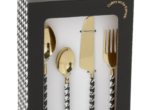 Broorrin goudkleurige bestekset in doos met 4 delen, zwart-wit handvatten en elegante afwerking