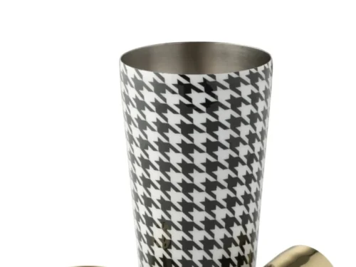 Jeinnand cocktailshaker van roestvrij staal met zwart-wit houndstooth patroon en gouden accessoires