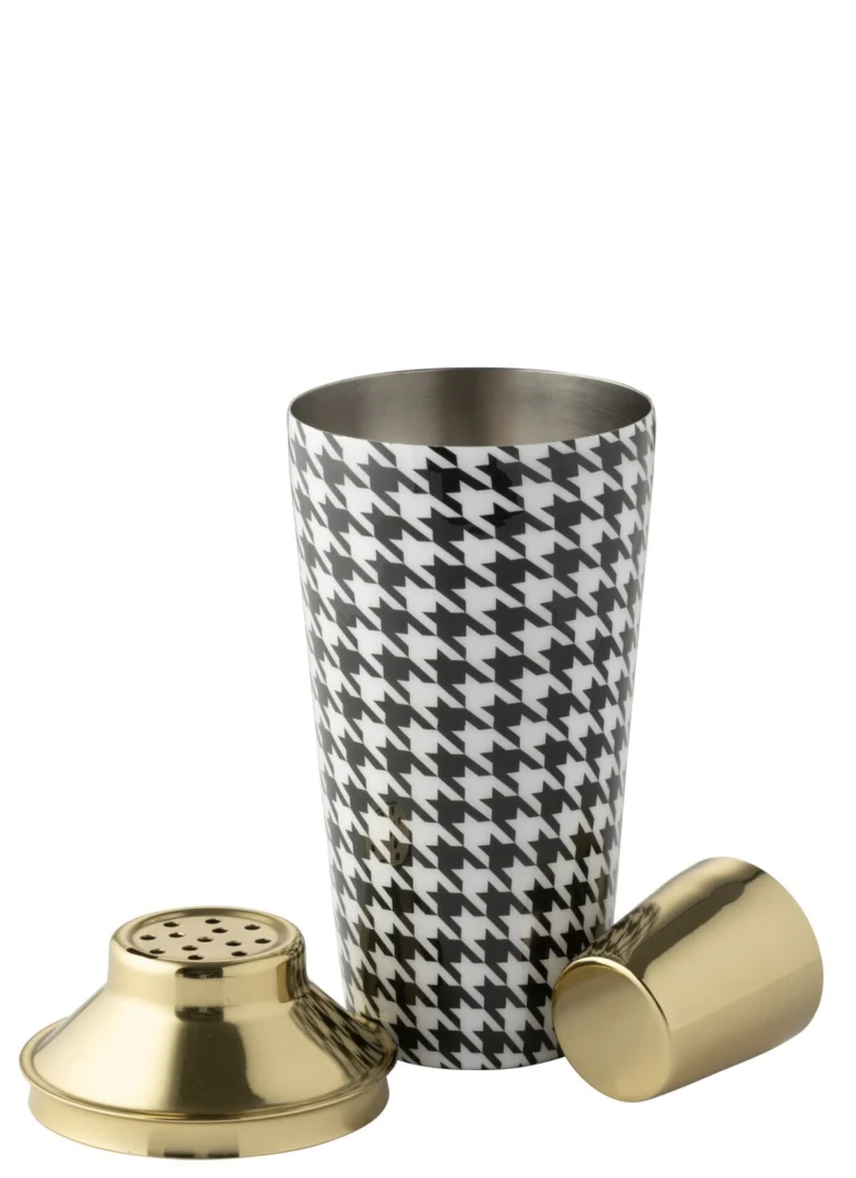 Jeinnand cocktailshaker van roestvrij staal met zwart-wit houndstooth patroon en gouden accessoires