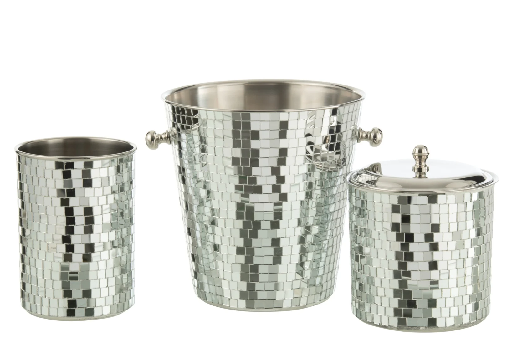 Ijsemmer Grutar Staal Zilver met mozaïekafwerking, glazen detail en elegante messing handgrepen