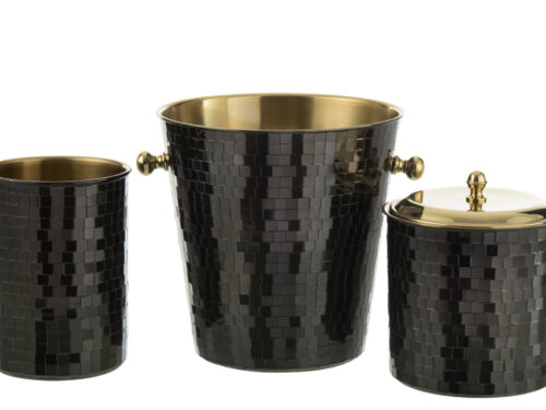 Ijsemmer Vaunde Staal Zwart, zwart mozaïek met gouden binnenkant, deksel en handgrepen, set van drie maten
