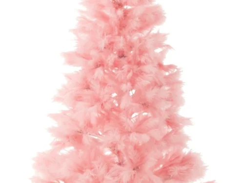 Roze Kerstboom Preitella van metaal en veren, 210 cm hoog, met stevige voet