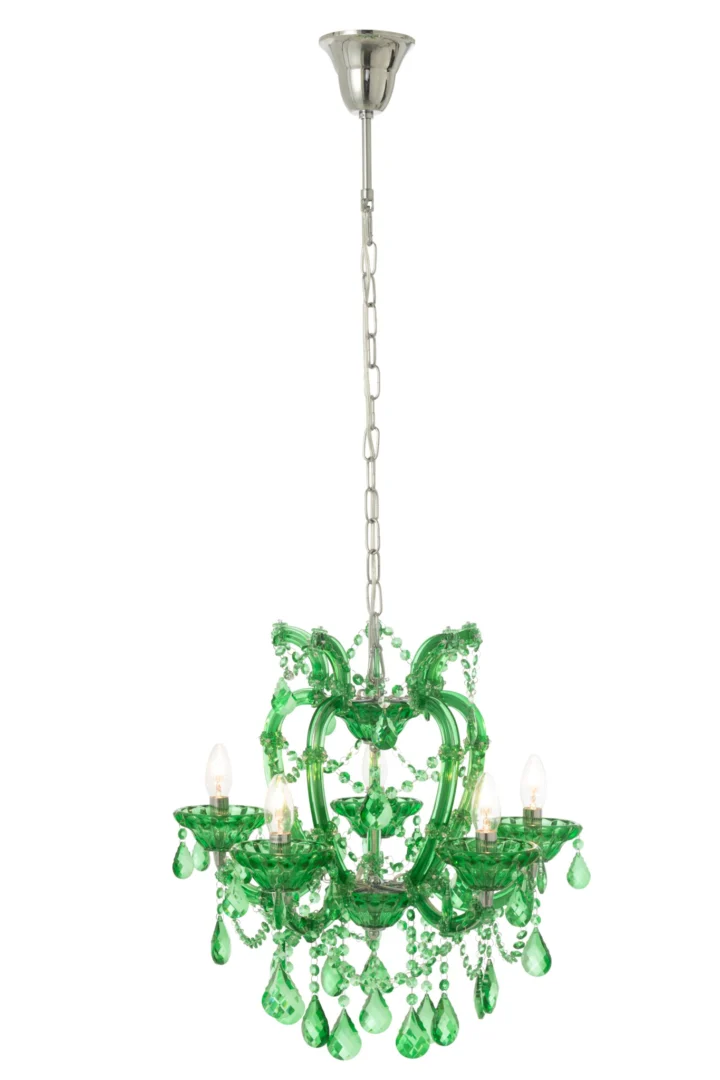 Plafondlamp Jistos Glas met smaragdgroen glas, ijzer en antieke uitstraling met druppelornamenten