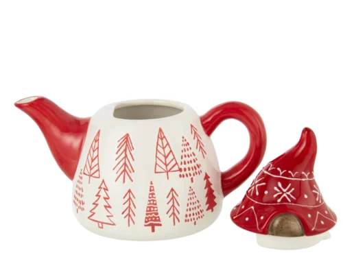 Theepot Paurane Dolomiet Wit met rode winterbomenprint en speelse rood deksel