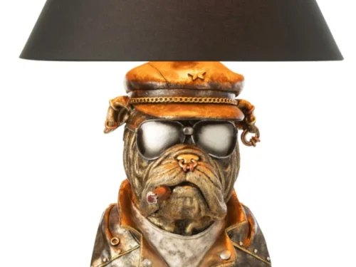 Tafellamp Lille Polyresin 57 cm met antiekbruine bulldog, zwarte kap en stoere vintage uitstraling