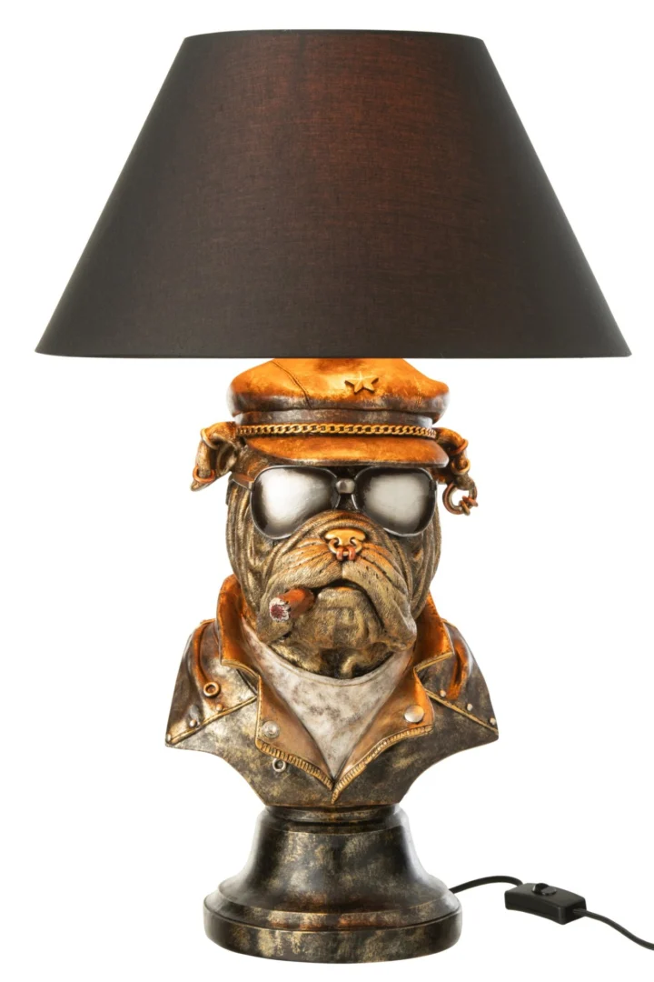 Tafellamp Lille Polyresin 57 cm met antiekbruine bulldog, zwarte kap en stoere vintage uitstraling