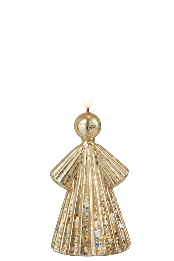 Gouden Fleestos LED-engel van glas met glinsterende afwerking, compacte decoratiefiguur H16,5 cm