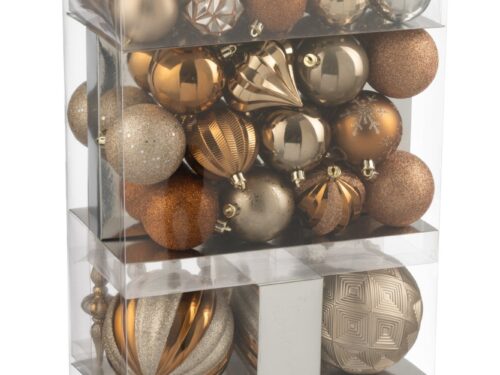 Transparante Prirun kunststof opbergdoos met handvat, gevuld met kerstballen in bruin en goud