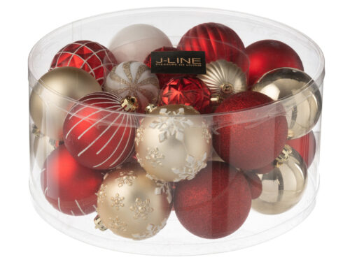Transparante Bruste kunststof opbergdoos met rode en gouden kerstballen, compact en decoratief