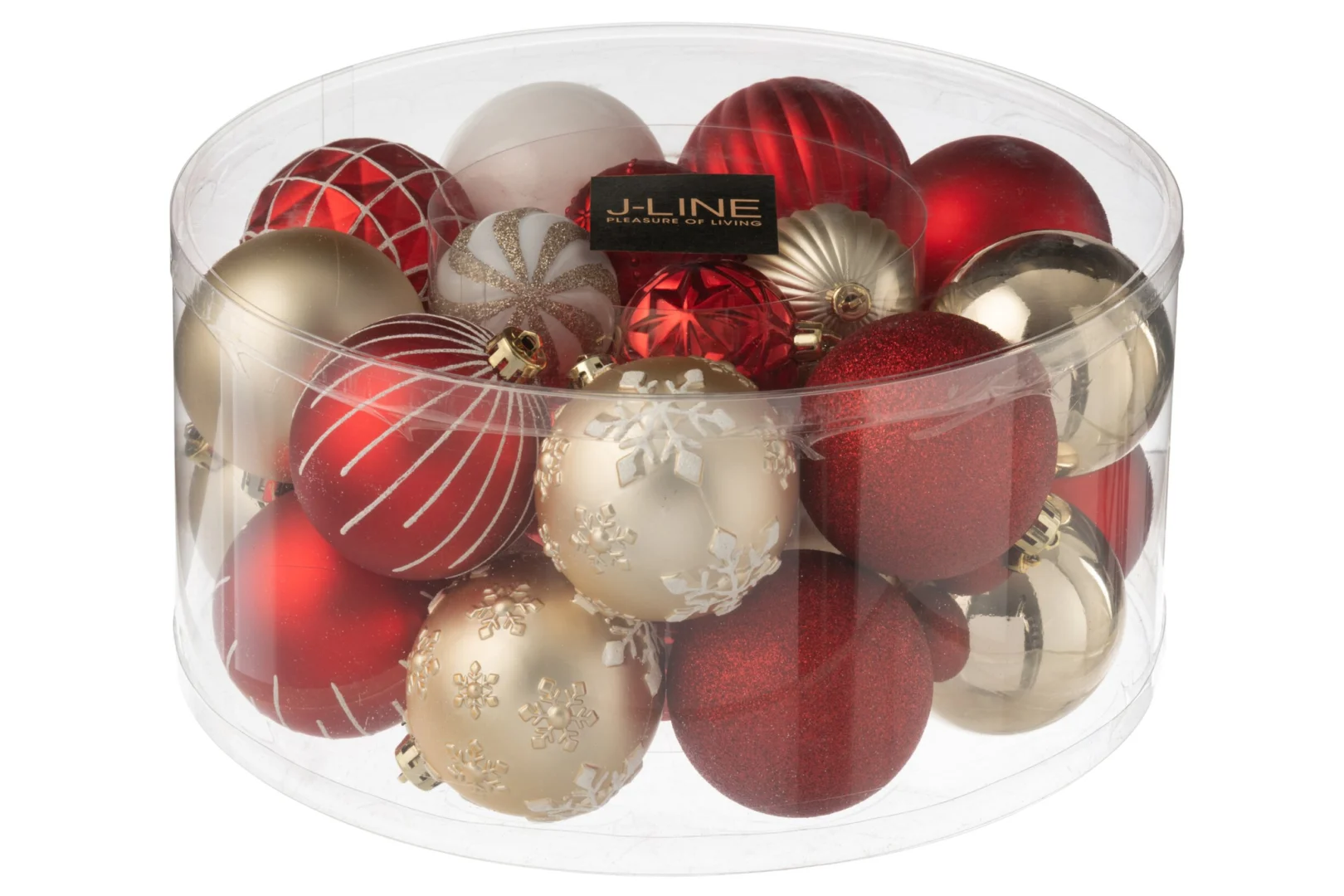 Transparante Bruste kunststof opbergdoos met rode en gouden kerstballen, compact en decoratief