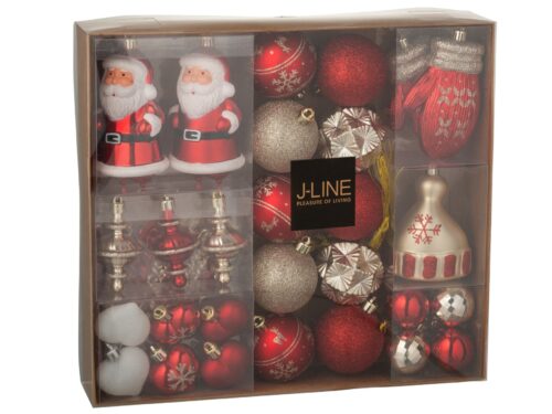 Reevo opbergdoos van kunststof in rood met 45 feestelijke kerstballen en decoraties, licht en compact verpakt