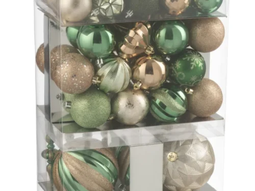 Proltun kunststof opbergdoos groen met handvat, gevuld met 80 kerstballen voor overzichtelijke opslag