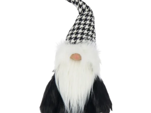 Decoratiefiguur Teentund zwart-wit polyester, 70 cm hoog, met slanke puntmuts en lange witte baard
