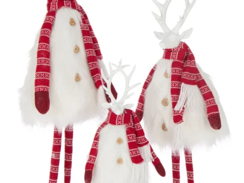 Plaid Proteus Wit rendierdecoratie met wit bont, rode sjaal en hoge gewei, in drie maten voor winterinterieur