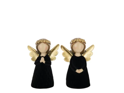 Pauskek decoratiefiguren zwart polyresin met gouden vleugels, set van 2 engelbeelden H16,5 cm