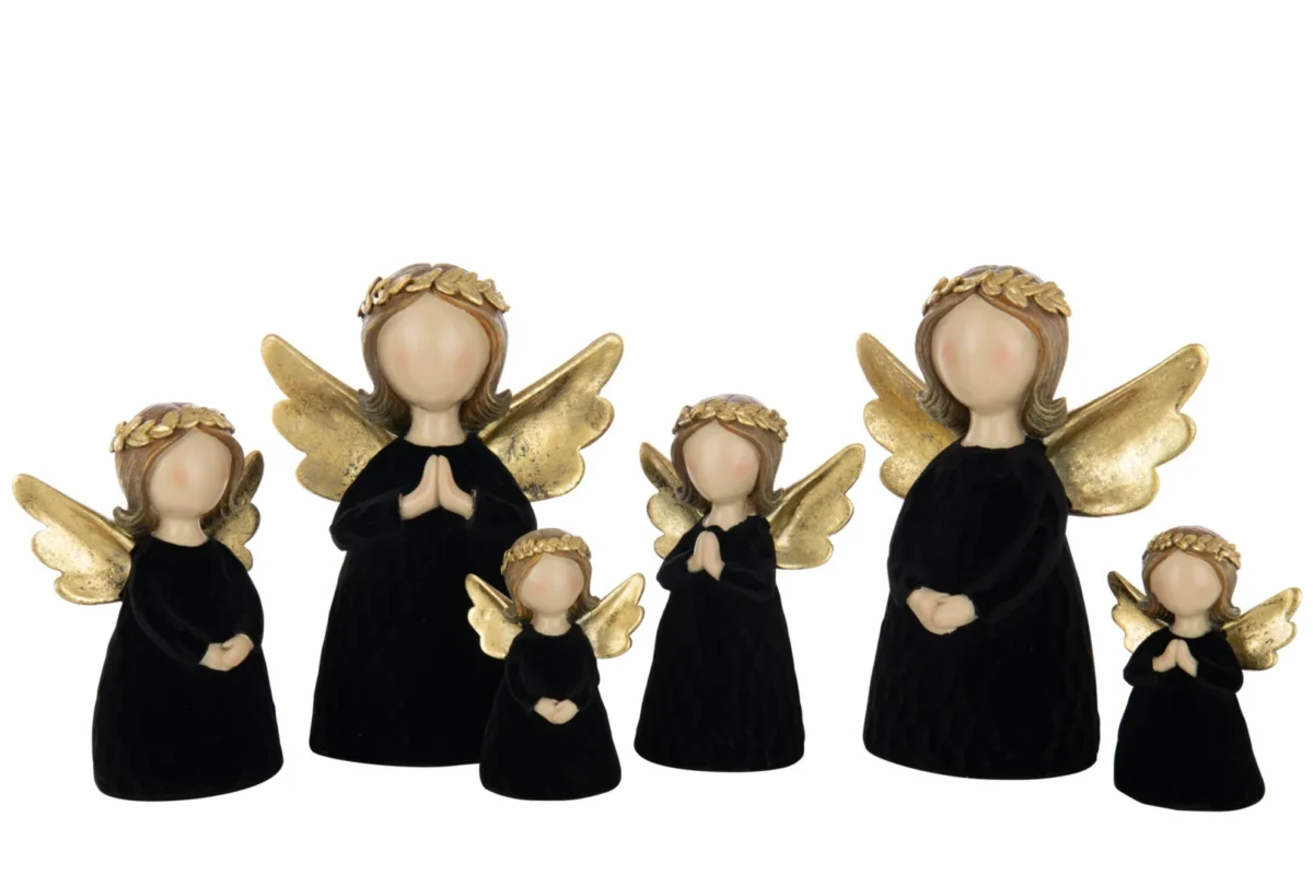 Decoratiefiguur Grillol set van 2: zwarte polyresin engelen met gouden vleugels en krans, 22 cm hoog
