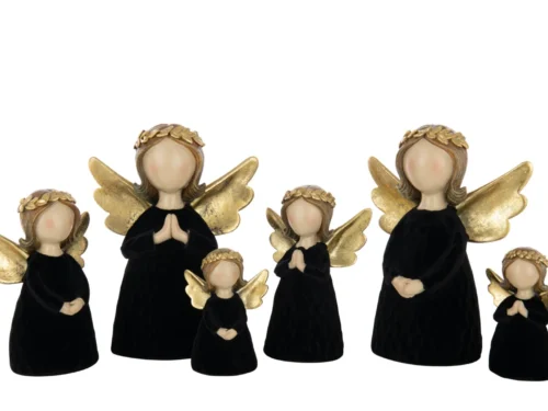Decoratiefiguur Grillol set van 2: zwarte polyresin engelen met gouden vleugels en krans, 22 cm hoog