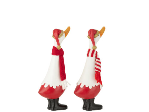Decoratie Skaannu Polyresin Wit set van 2, kerstfiguren met rode muts en sjaal in witte en rode accenten
