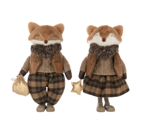 Relvy decoratiefiguren set van 2: meerkleurige vosjes in zachte stof met winterse outfits