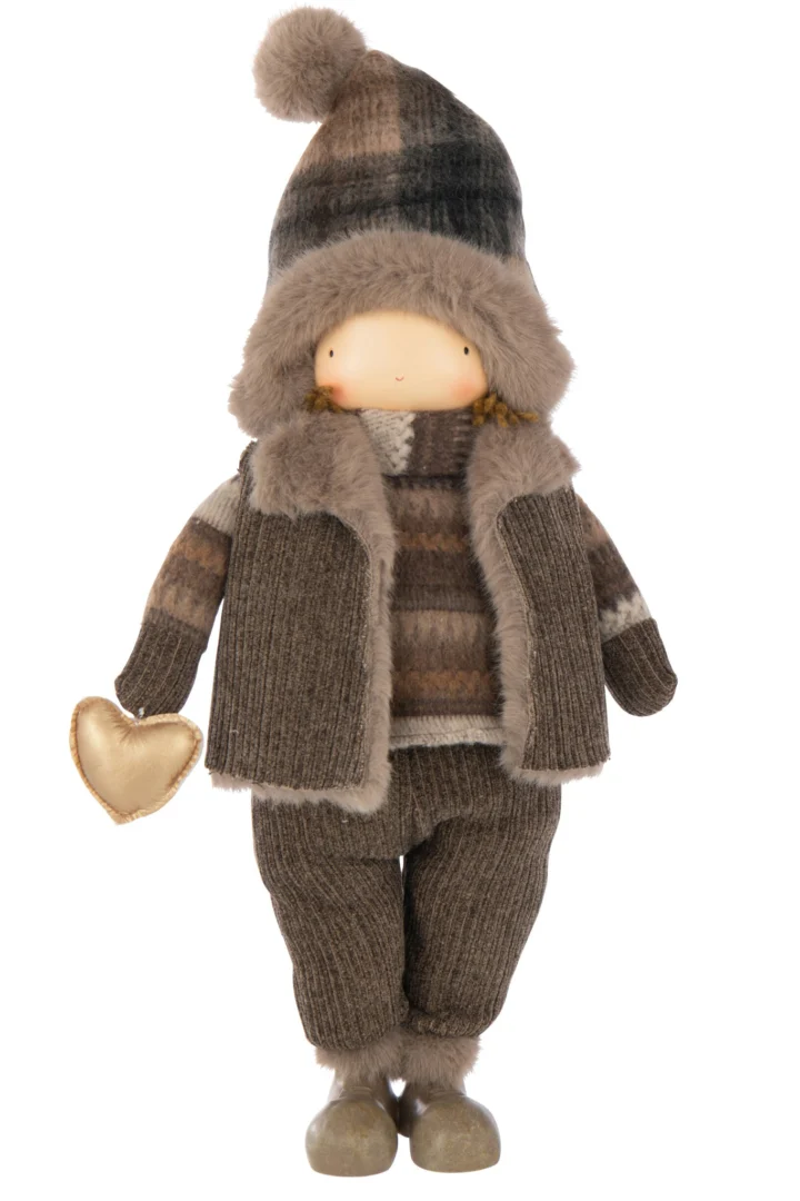 Decoratie Stevia meerkleurig beeld jongen met hart, zachte winterse outfit en pluchen muts