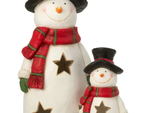 Plaid Peemos meerkleurig: twee sneeuwpopfiguren met zwarte hoed, rode sjaal en sterdecoratie