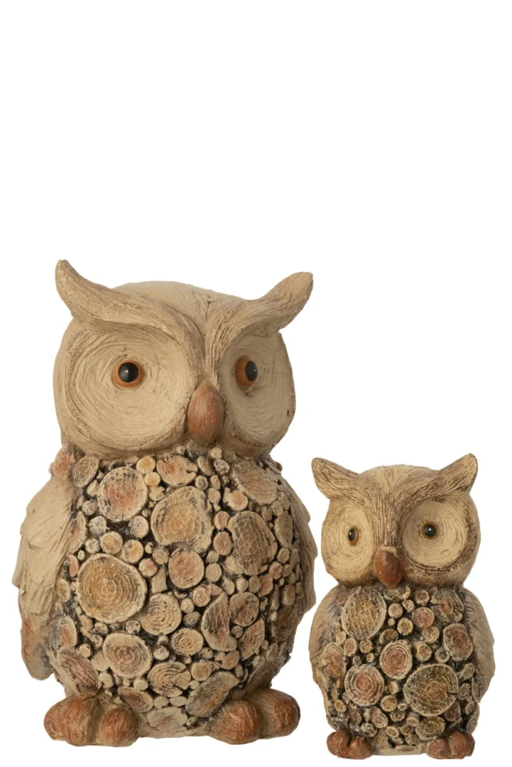 Haummo decoratiefiguur uil in naturel houtlook, groot model van gips en polyhars, warm en sfeervol woonaccessoire