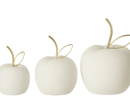 Meintona porselein wit set van 3 appels met zandfinish en gouden accenten, decoratief woonaccessoire